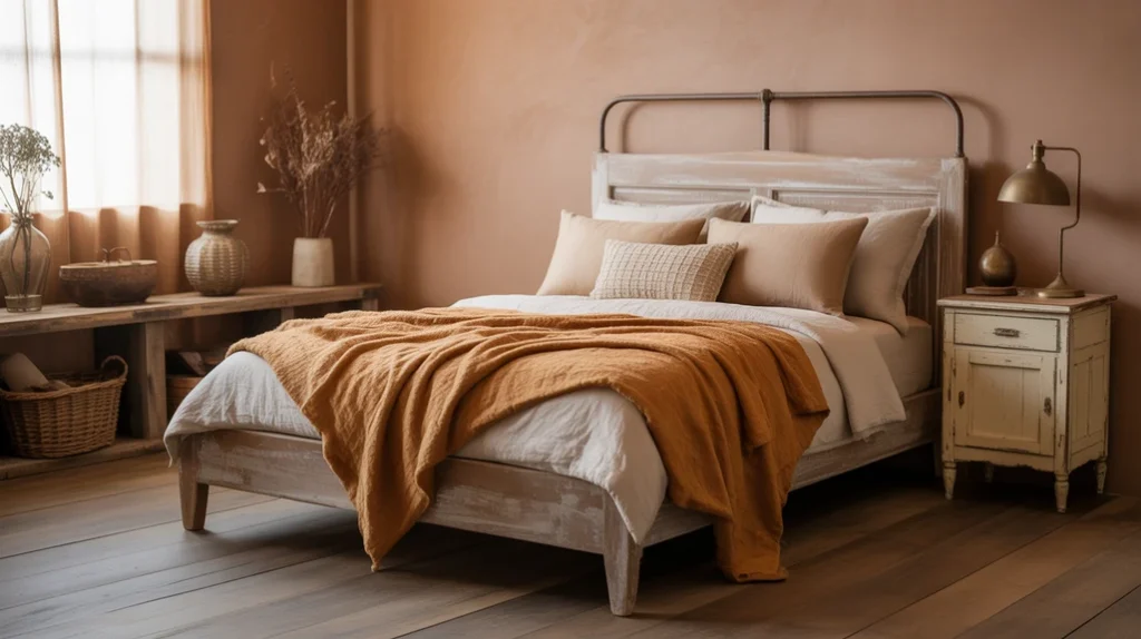 Bedroom decorated in warm earthy tones with terracotta walls, caramel pillows, and rustic accents.