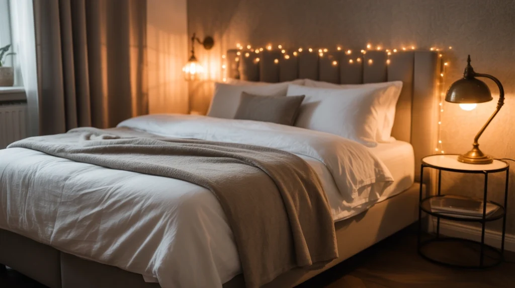 Cozy romantic bedroom with warm ambient lighting and soft golden glow.