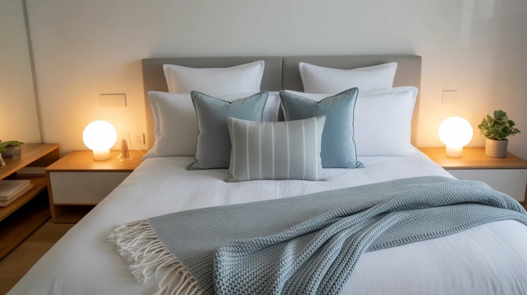 Light blue bedroom design with crisp white bedding layered with blue pillows and a knitted throw blanket.