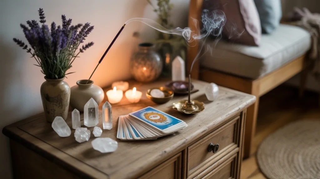 Small altar with crystals, candles, and tarot cards.