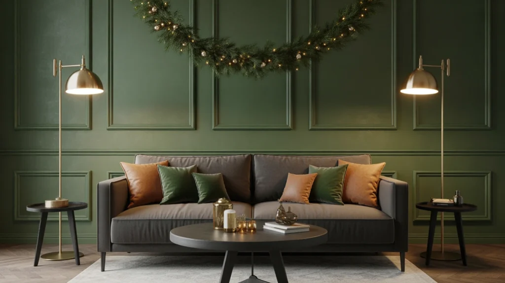modern rustic Christmas living room with forest green and charcoal colors, greenery garland, and warm lighting for holiday interiors.
