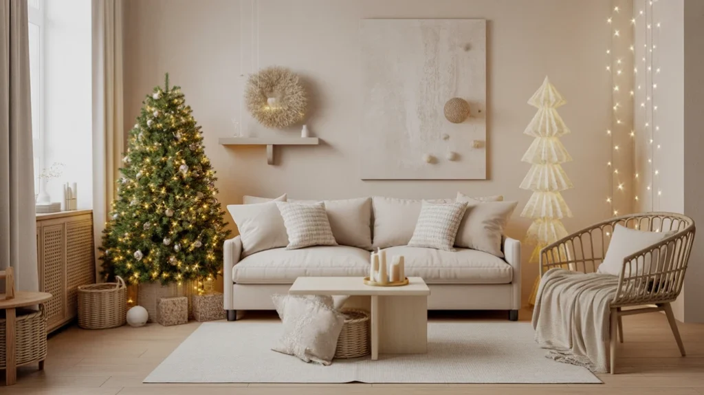 Soft beige and linen Christmas palette featuring neutral stockings, simple wrapping paper, and rustic Scandinavian textures.