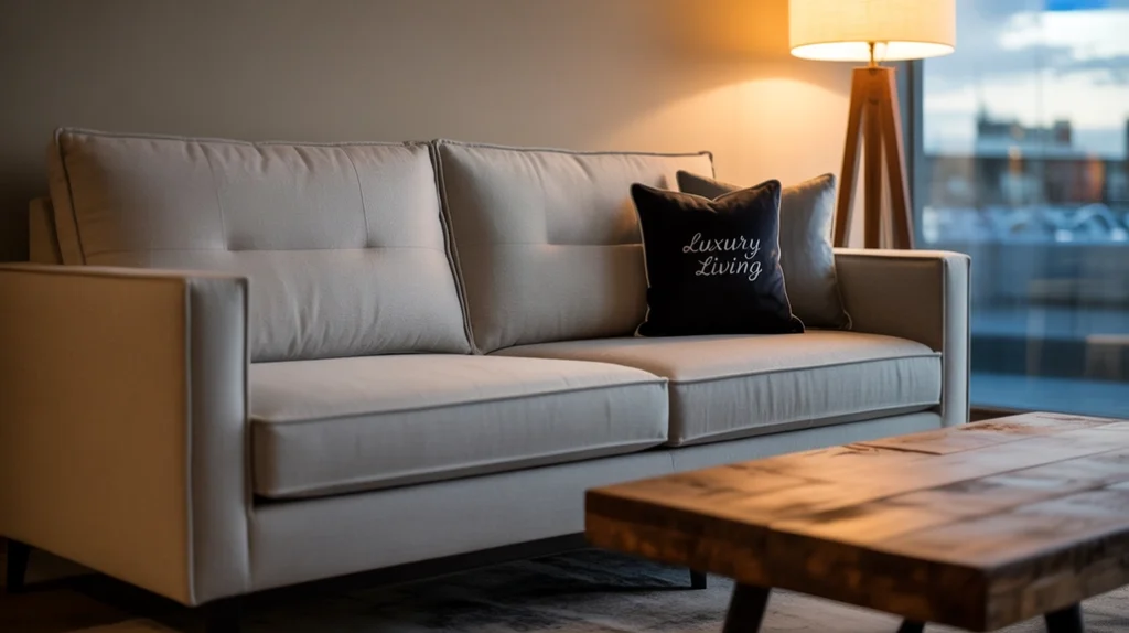 modern sofa with rustic wood accents in earthy living room