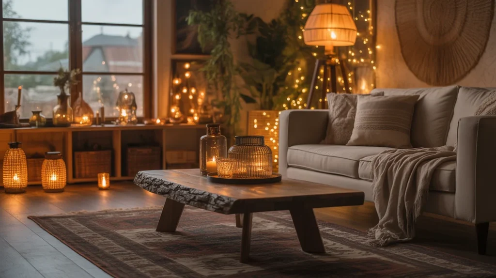 Warm ambient lighting in a dark boho living room with rustic coffee table and candles