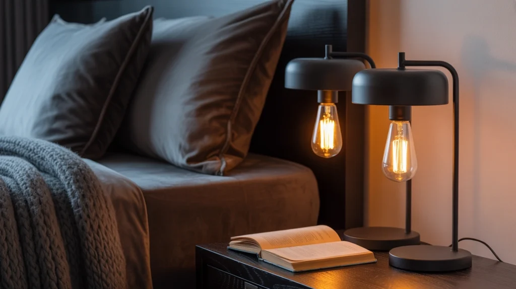 Moody bedroom with bedside lamps in matte black bases and soft glow.