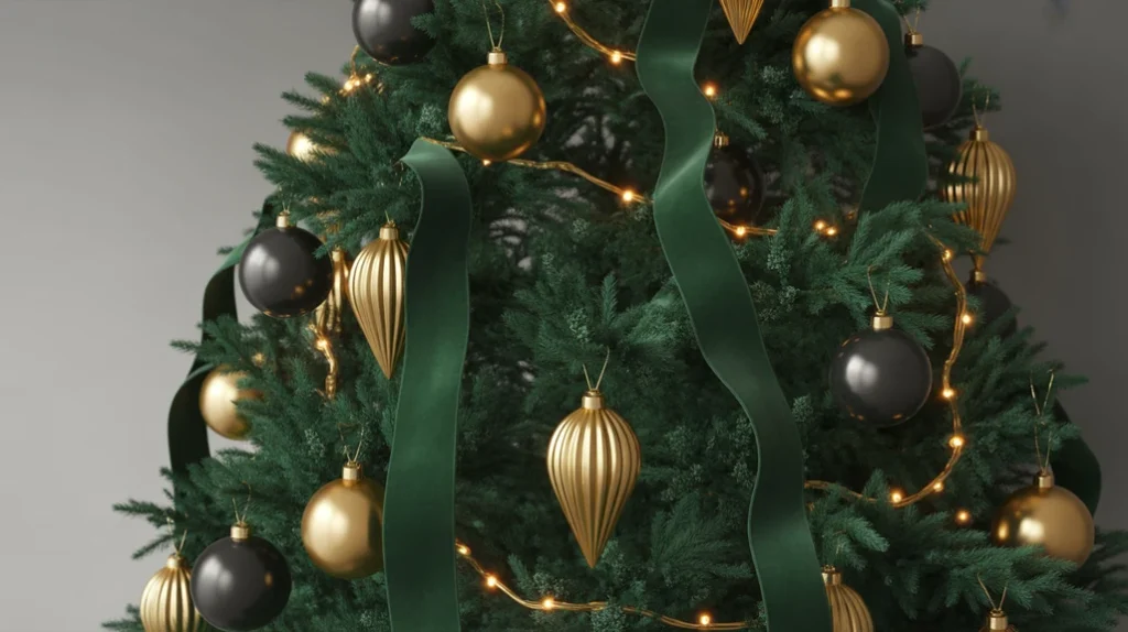 Deep emerald and black accents giving a modern edge to gold holiday decorations.