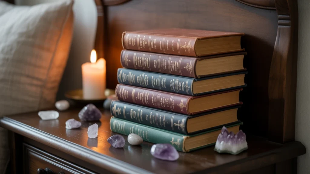 Books on witchcraft and astrology beside candles.