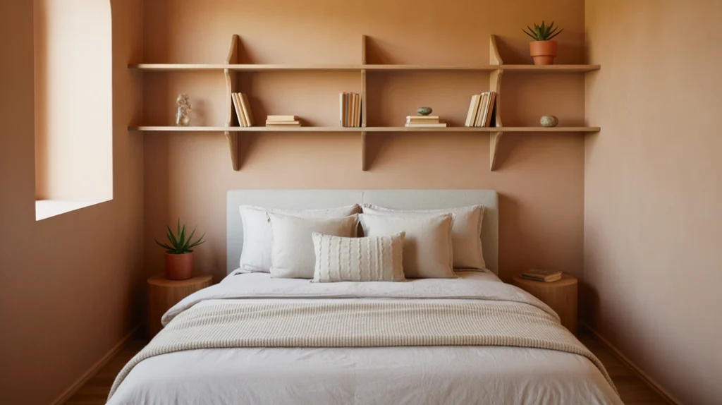 Small brown bedroom with light tan walls and space-saving furniture