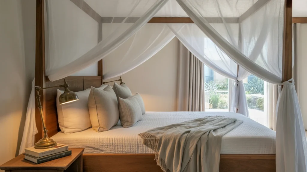 Canopy bed with sheer white drapes creating airy and romantic bedroom style