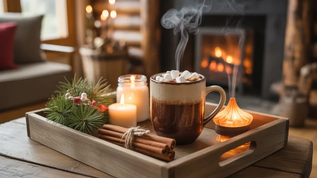 Cozy cabin Christmas candle scene with cinnamon sticks, pine branches, and cedarwood aroma
