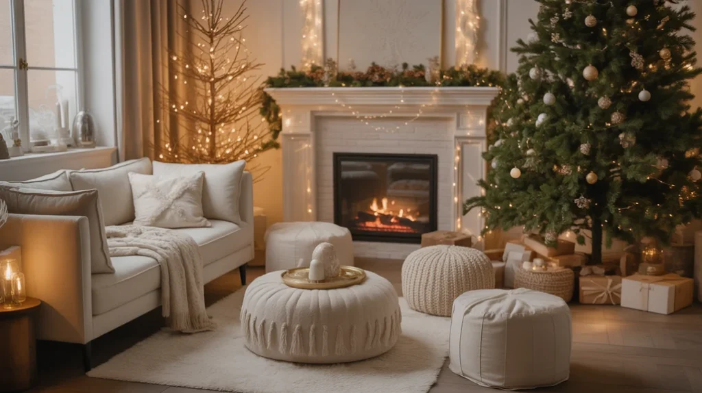Modern Christmas living room with cozy poufs, throws, and warm layered seating areas.