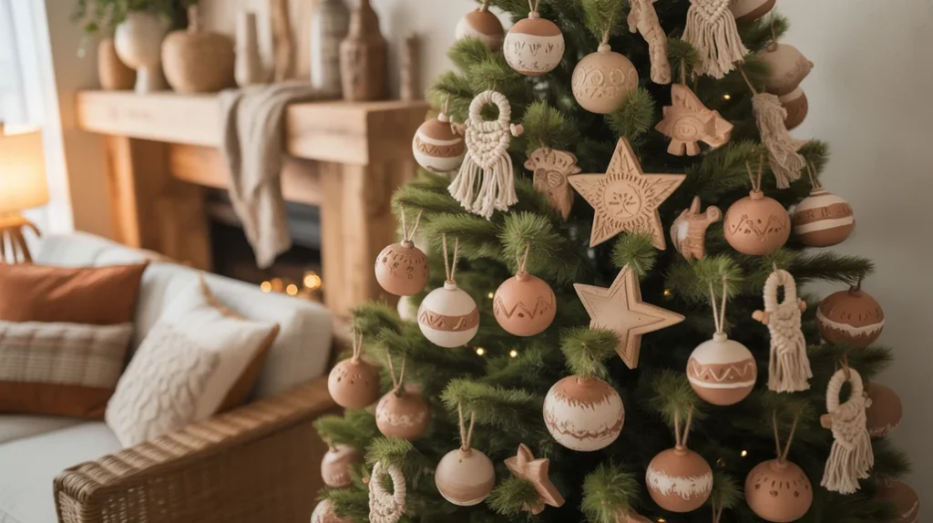 Boho and natural Christmas tree ideas with handmade ornaments.