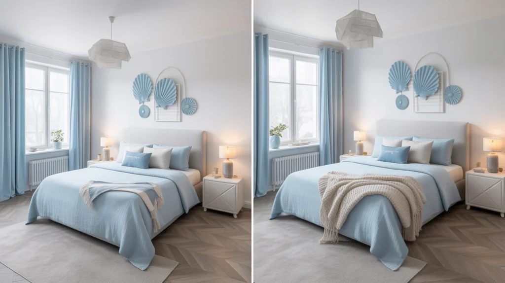 ight blue bedroom design with a silver-framed mirror, mirrored nightstands, and glass lamps.