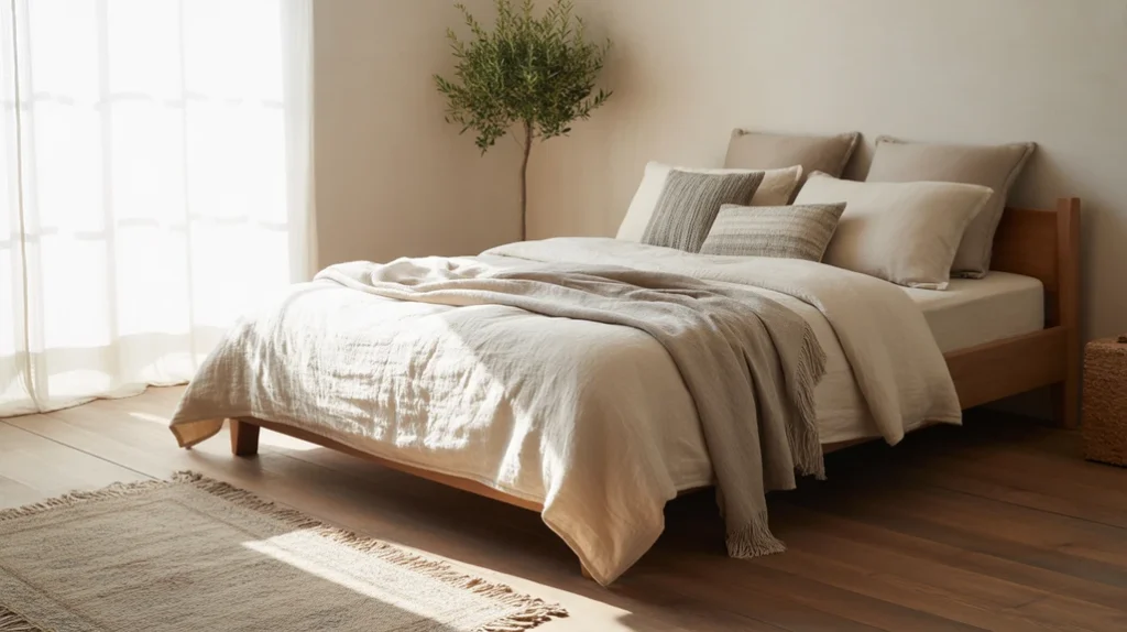 Minimalist rustic bedroom style with clean lines, natural wood, and neutral tones