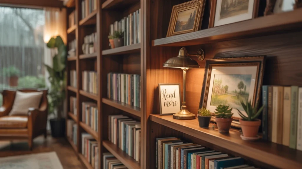 Maximalist bedroom bookshelf styled as a décor statement.