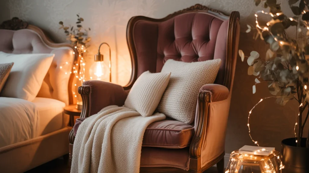 Warm moody lighting adding intimacy and artistic charm to eclectic bedroom design ideas.