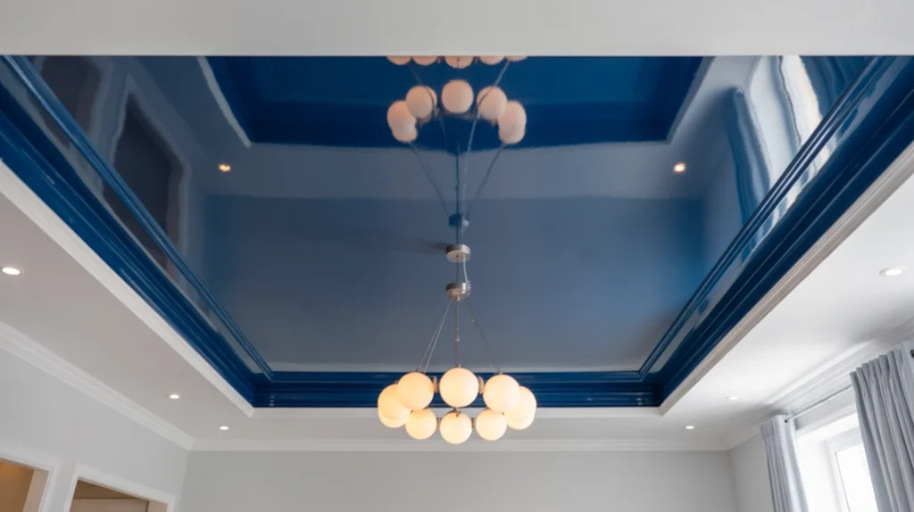 Navy blue painted ceiling with white walls and modern chandelier.