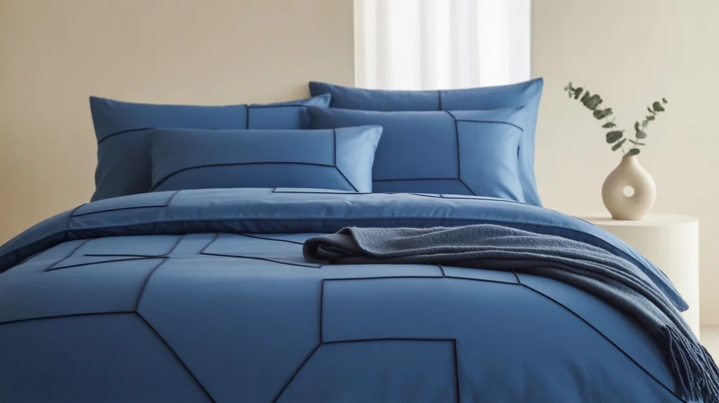 Patterned blue bedding adding personality to a serene cream-toned bedroom.