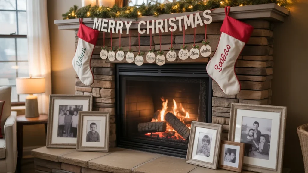 Personalized stockings and framed photos adding warmth to Christmas living room ideas