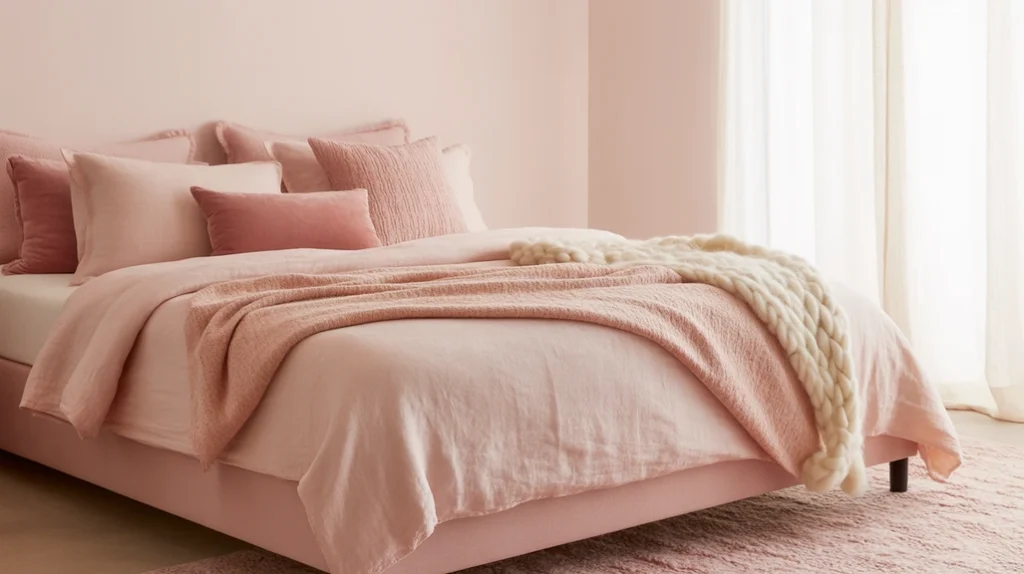 Cozy pink bedroom with layered fabrics, velvet cushions, and rug