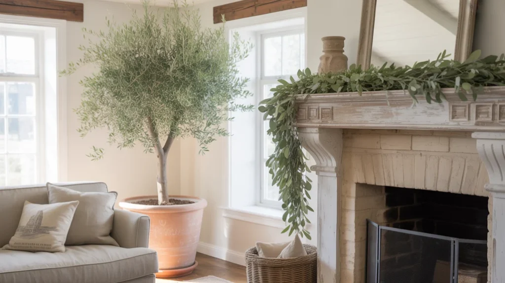 Farmhouse living room decorated with olive tree and greenery in rustic pots.