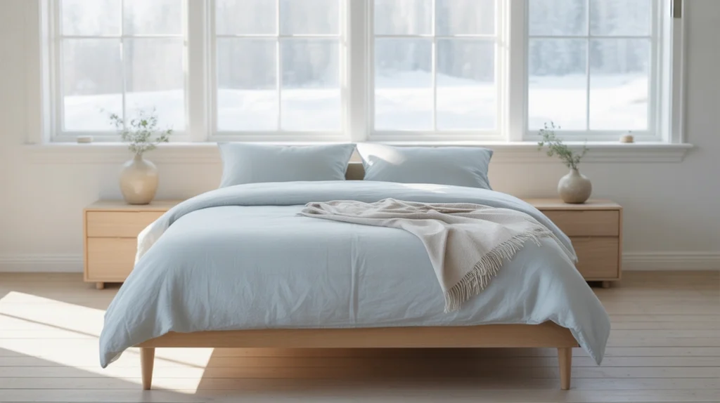 Scandinavian blue and white bedroom with pale wood furniture and minimalist decor.