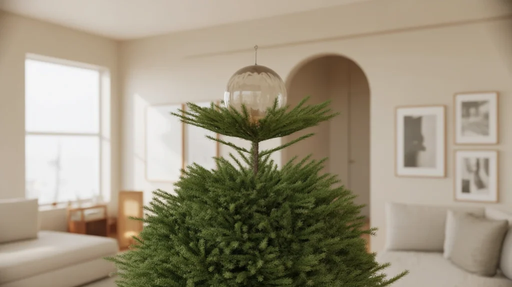 Evergreen tree featuring a single oversized ornament — artistic minimalist Christmas tree idea.