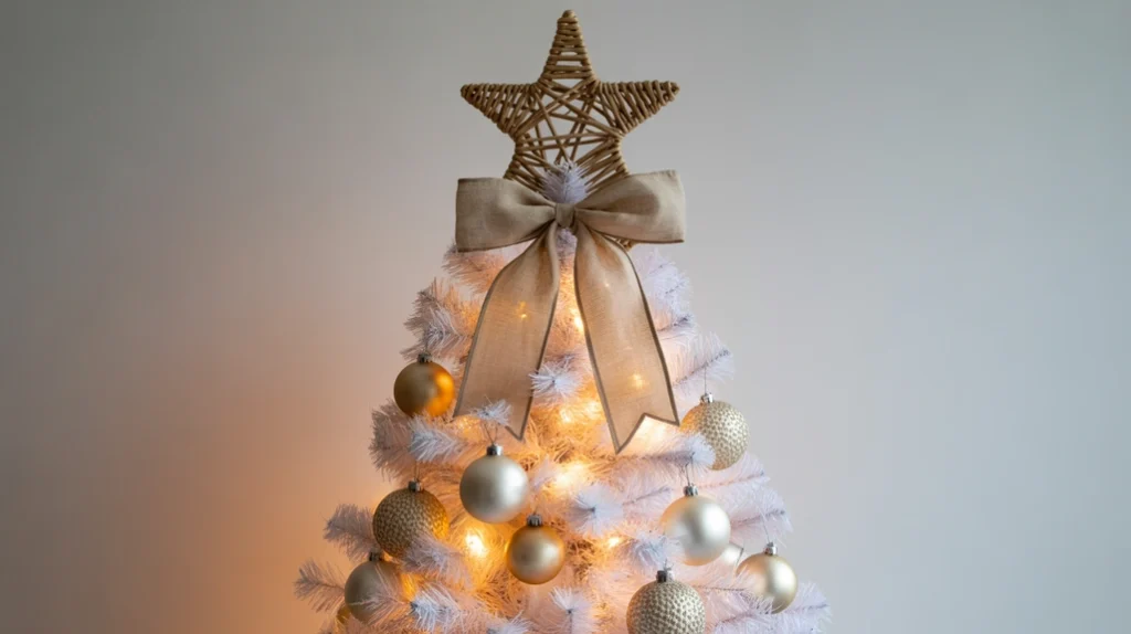Neutral and white Christmas tree ideas with linen bow and woven star tree topper for an elegant finish