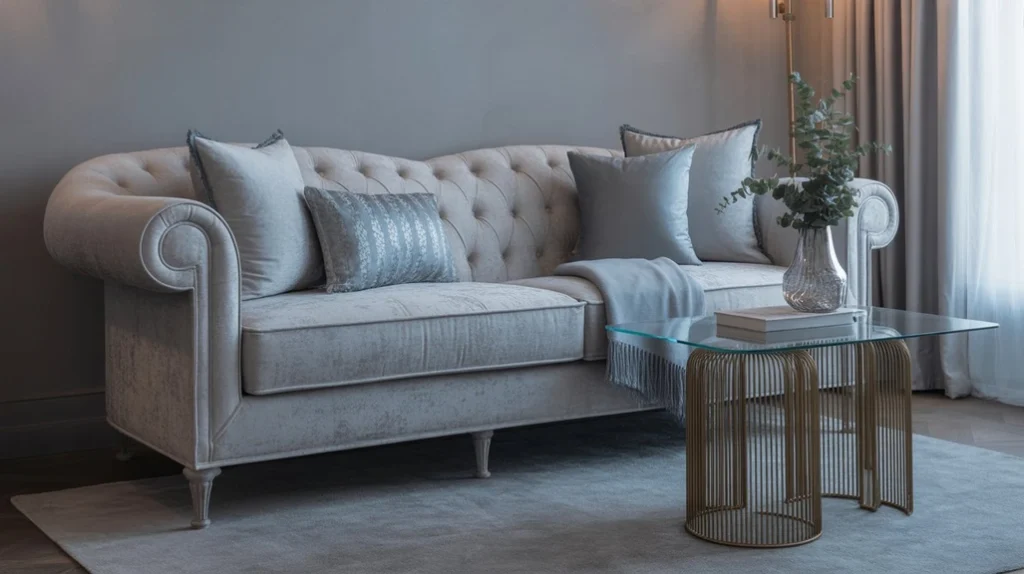 Gray velvet furniture with silver and icy blue accents adding luxury to winter décor