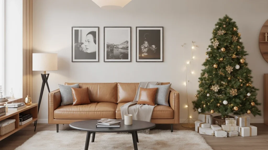 minimal modern interior with black, white, and tan tones accented by gold Christmas details for chic winter styling.