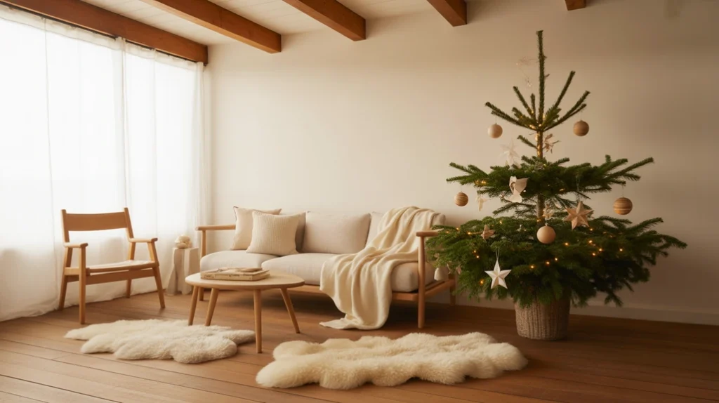 Honey and ivory tones in Scandinavian Christmas palette — natural wood, linen fabrics, and soft candlelight.
