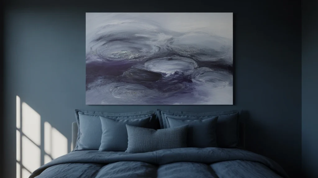 Cozy moody bedroom with abstract art in dark, rich hues.