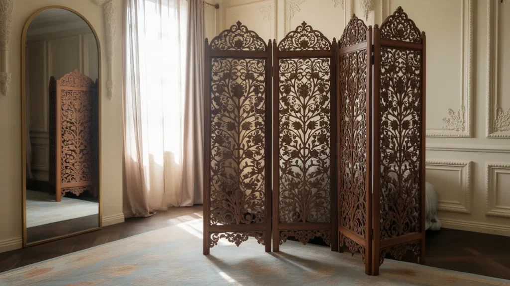 Architectural details like molding and arched mirrors defining stylish eclectic bedroom design.