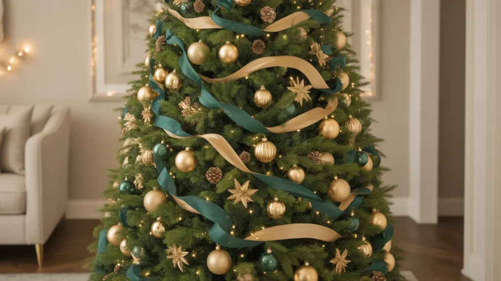 Perfectly balanced green and gold Christmas tree with ornaments and warm lighting.