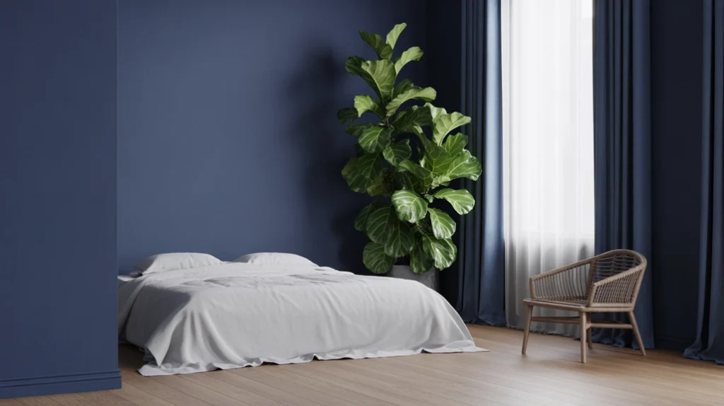 Navy blue bedroom with indoor plants, fiddle leaf fig.