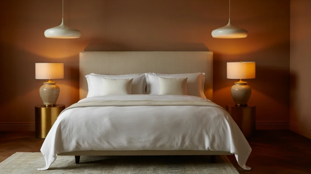 Brown bedroom with pendant lamps and elegant statement lighting