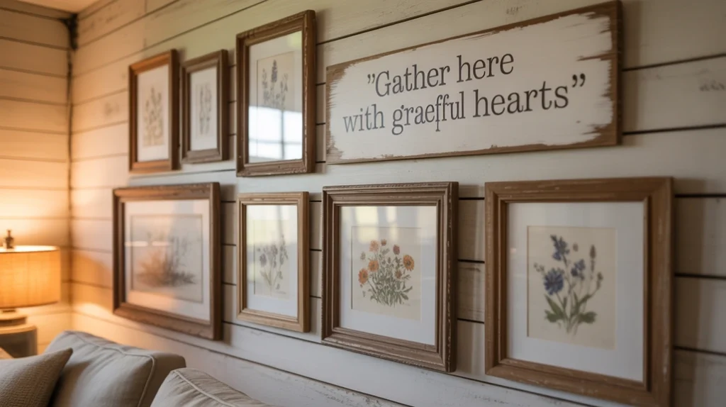 Rustic farmhouse wall art with botanical prints and wooden frames