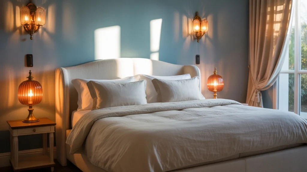 Blue glass and ceramic decor adding artistry to a modern blue and cream bedroom.
