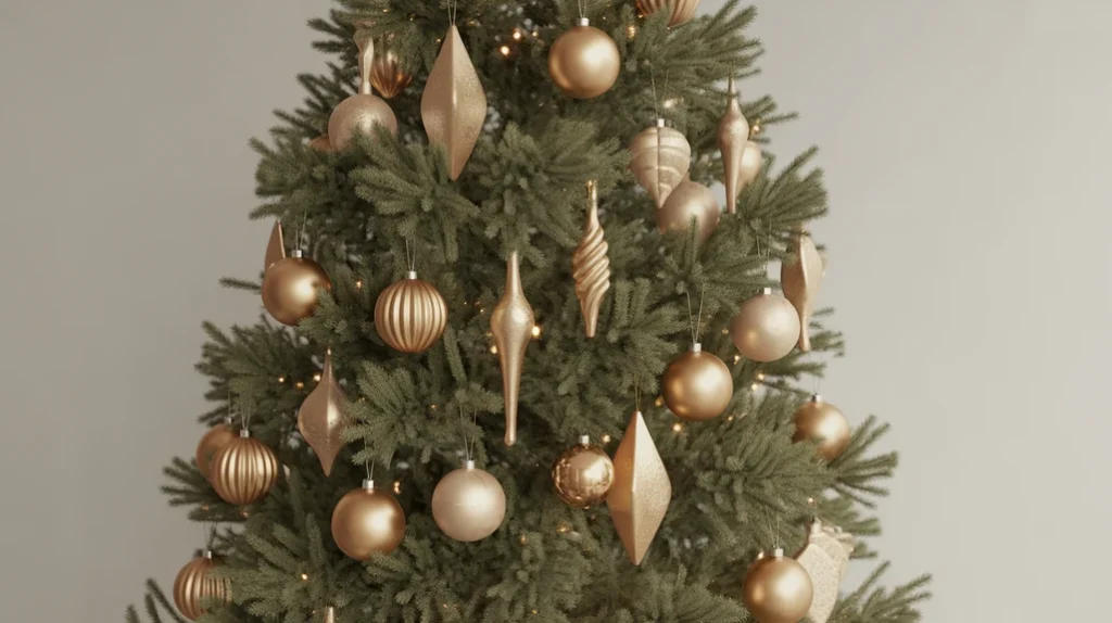 “metallic gold and bronze ornaments for elegant minimalist Christmas trees”