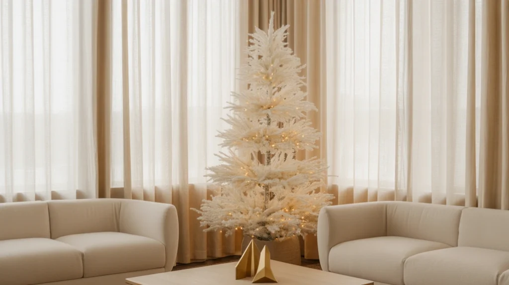 Minimalist Christmas living room ideas with white tree and neutral tones