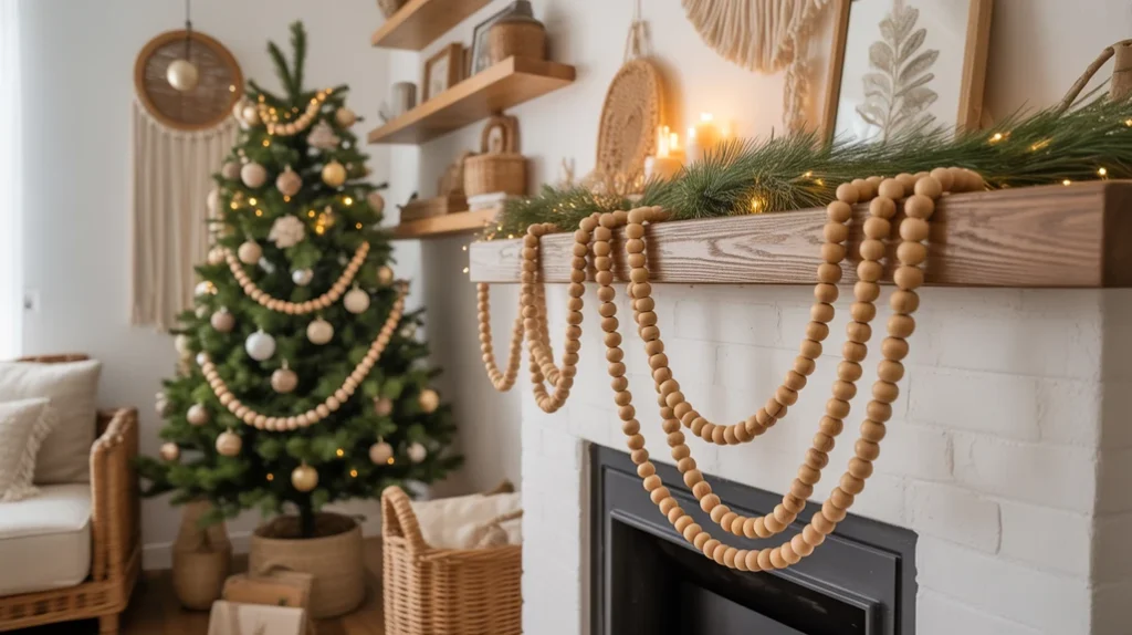 Wooden bead garland and boho tree in neutral home decor.