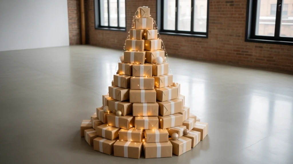 Creative no-tree minimalist Christmas display using lights and decor in a modern home setting.