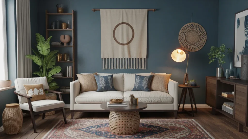 Pattern play in a dark boho living room with deep blue walls and bohemian pillows.