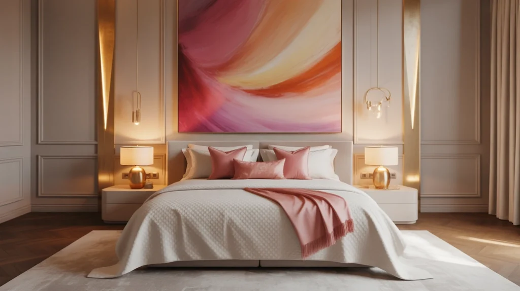 Modern pink bedroom with large abstract artwork and gold lighting