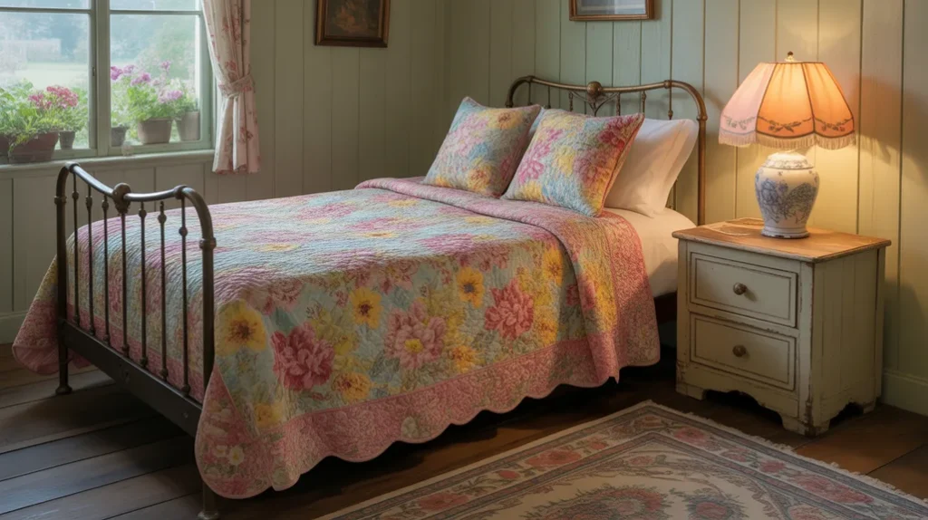 Seasonal layers — quilts, plaid throws, and floral cushions — refresh cozy cottage bedroom decor year-round.