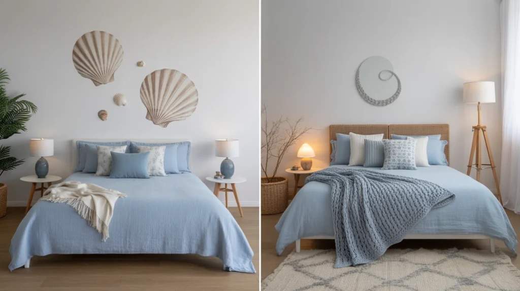 easonal light blue bedroom ideas with airy summer linens and cozy winter blankets.