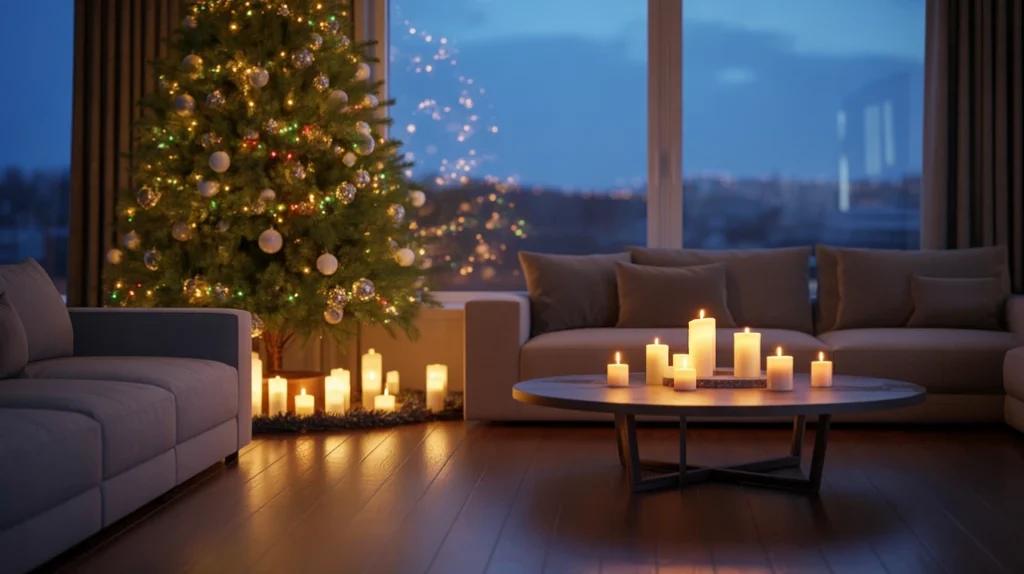 Modern Christmas living room glowing with candles, string lights, and elegant festive warmth.