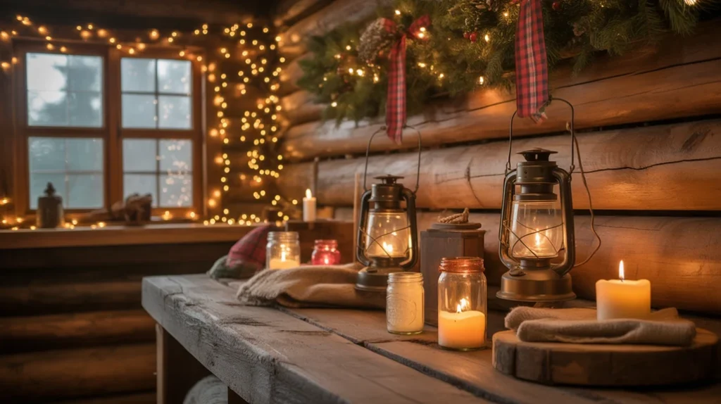Warm string lights and candles creating soft cozy cabin Christmas ambiance