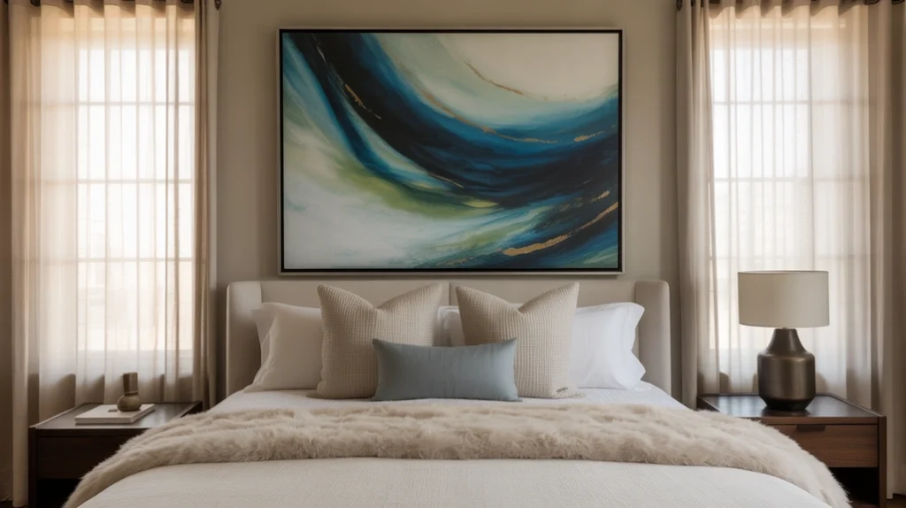 Oversized framed wall art above headboard adding personality to bedroom decor.
