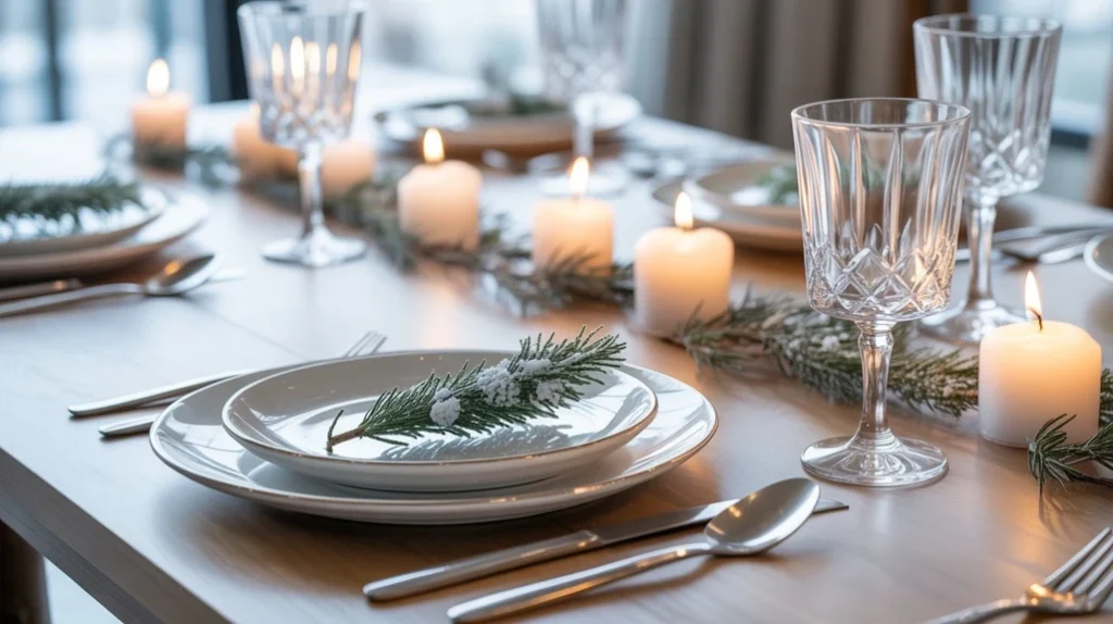 Elegant white and silver tablescape styled with crystal glassware for frosted winter dining